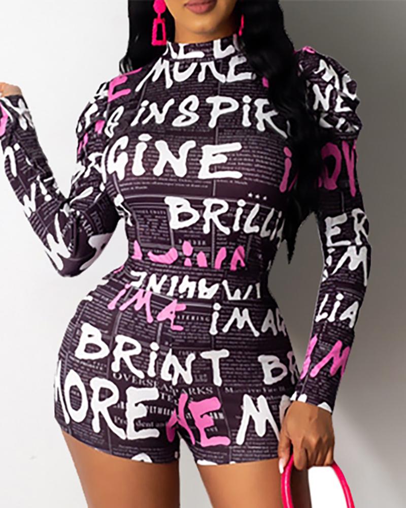 

Letter Print Puff Sleeve Top & Shorts Set, Dark blue