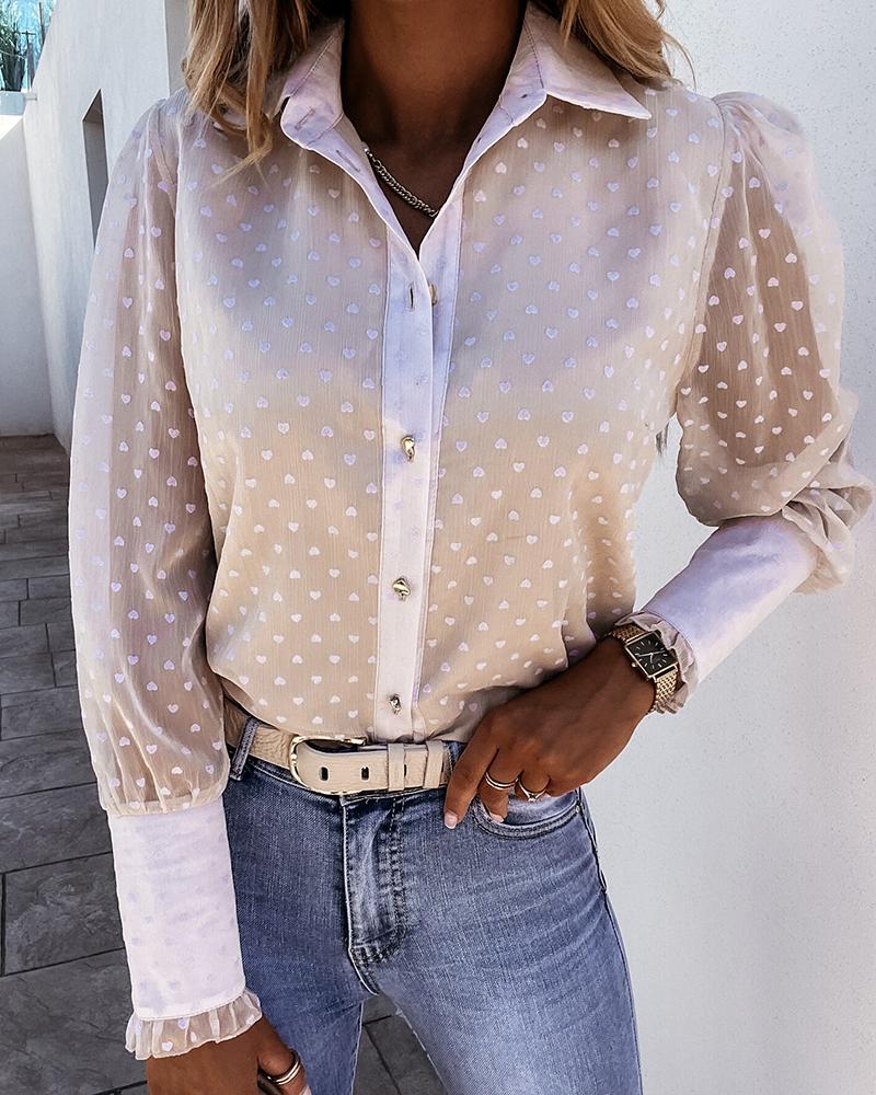 

Heart Print Button Design Shirt, Beige