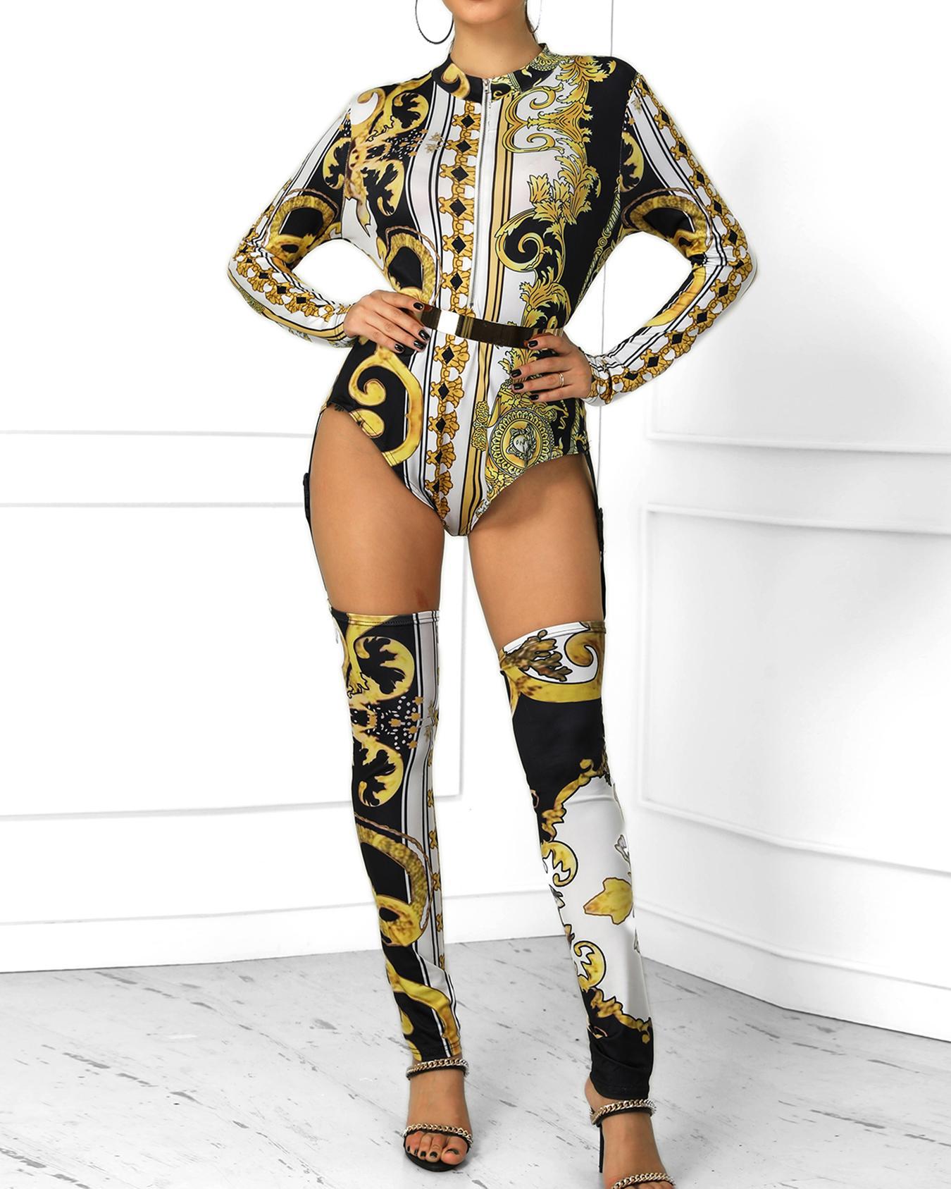 

Retro Print Cut Out Jumpsuits with Garters, Black