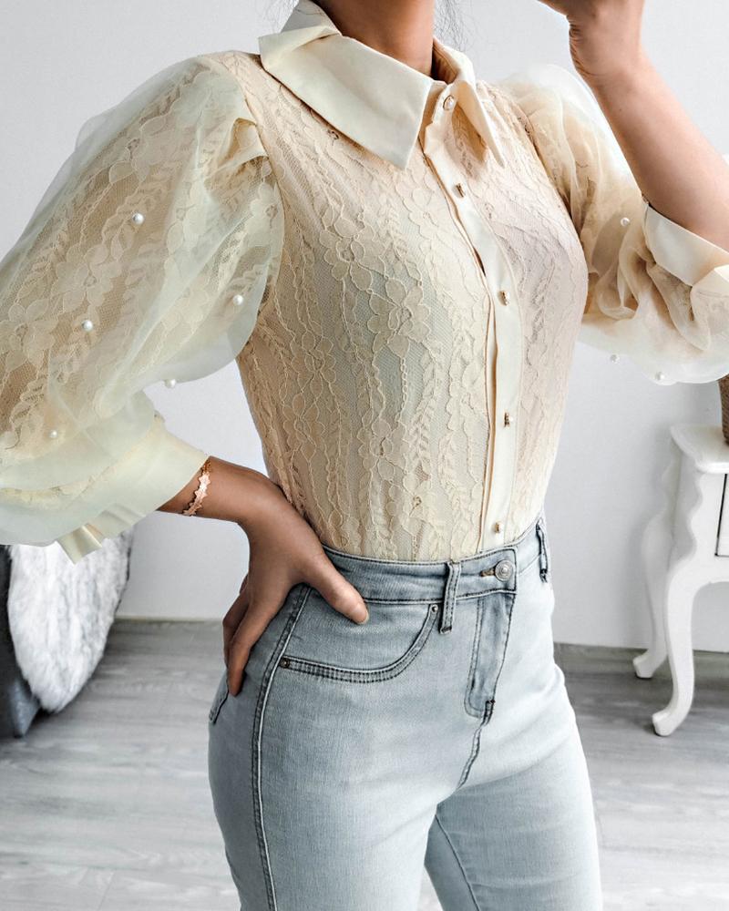 

Stitching Lace Long Sleeve Shirt, Apricot