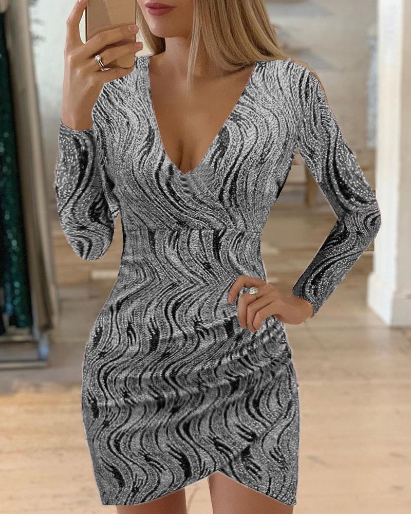 

Colorblock Wrap Long Sleeve Bodycon Dress, Silver