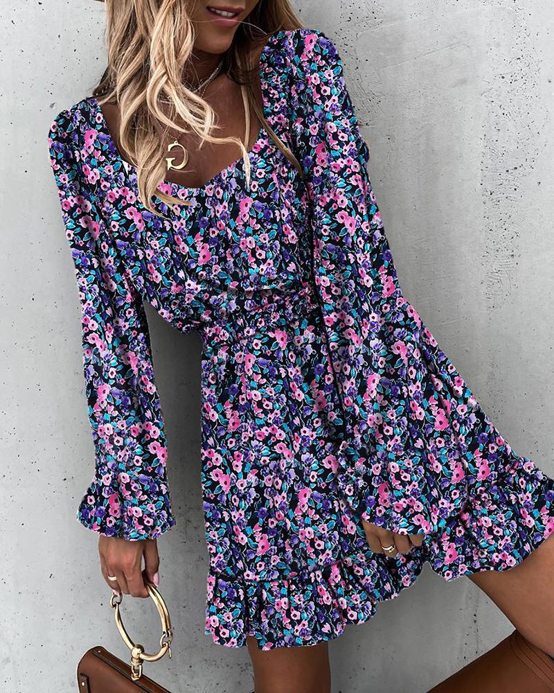 

Floral Print Ruffles Long Sleeve Dress, Purple