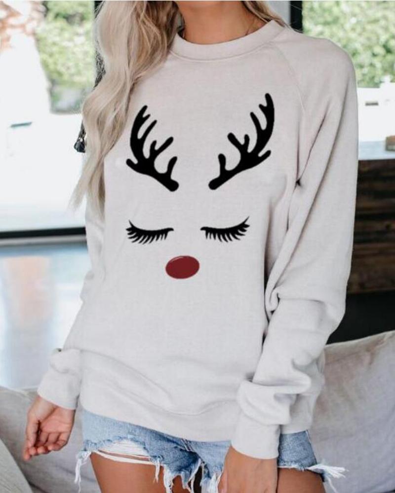 

Christmas Moose Print Casual Sweatshirt, White