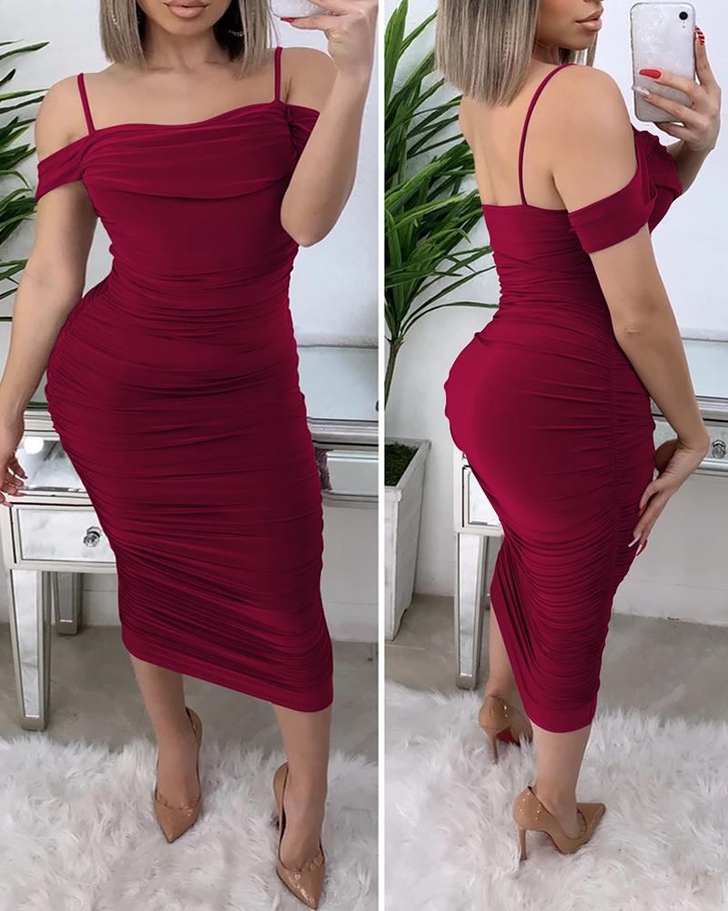 

Cold Shoulder Spaghetti Strap Ruched Party Dress, Wine red