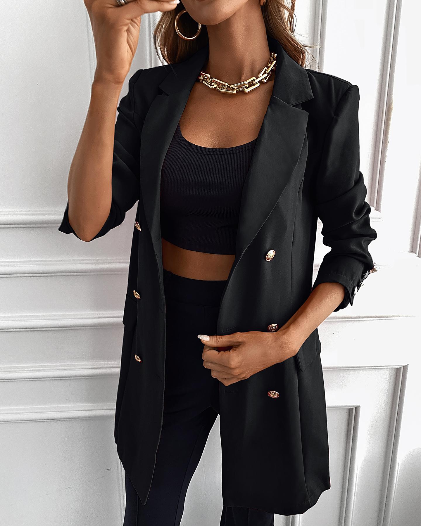 

Double Breasted Pocket Design Long Sleeve Blazer Coat, Black