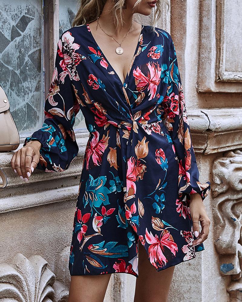 

Floral Print Surplice Lantern Sleeve Dress, Dark blue