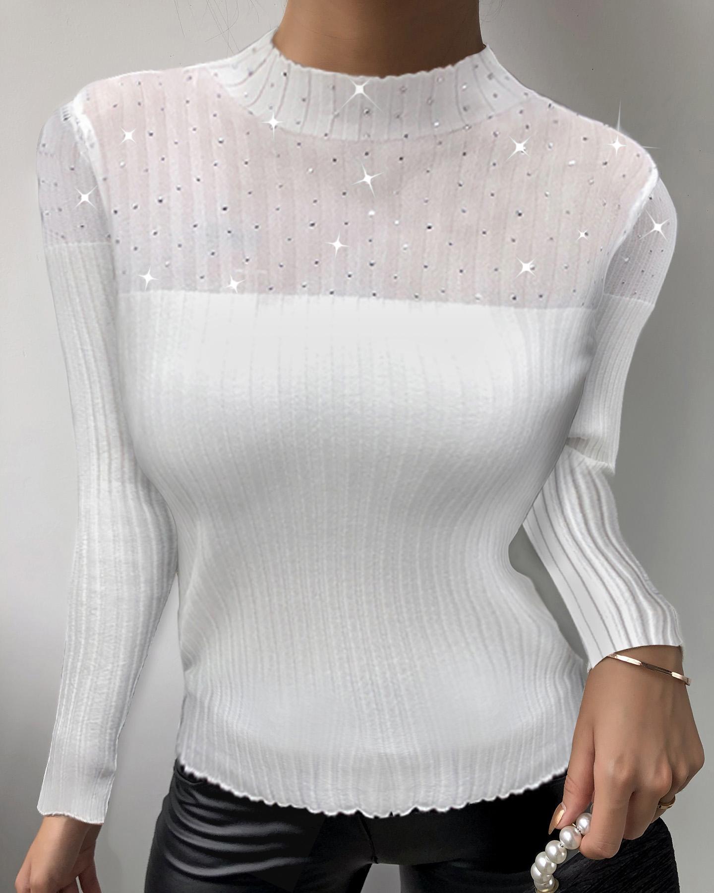 

Studded Glitter Long Sleeve Top, White