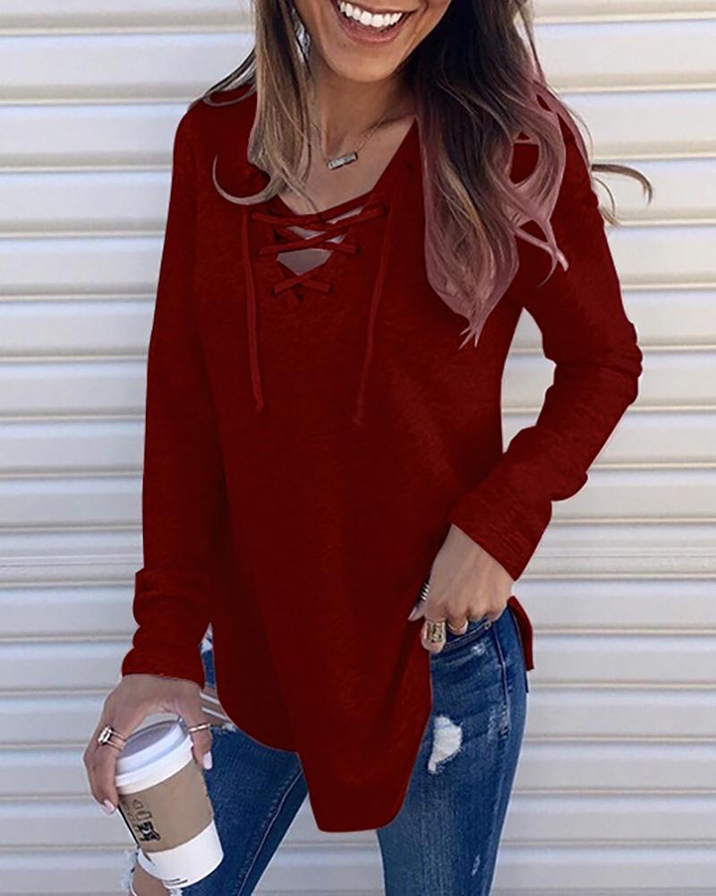 

Plain Eyelet Lace-up Long Sleeve Top, Wine red