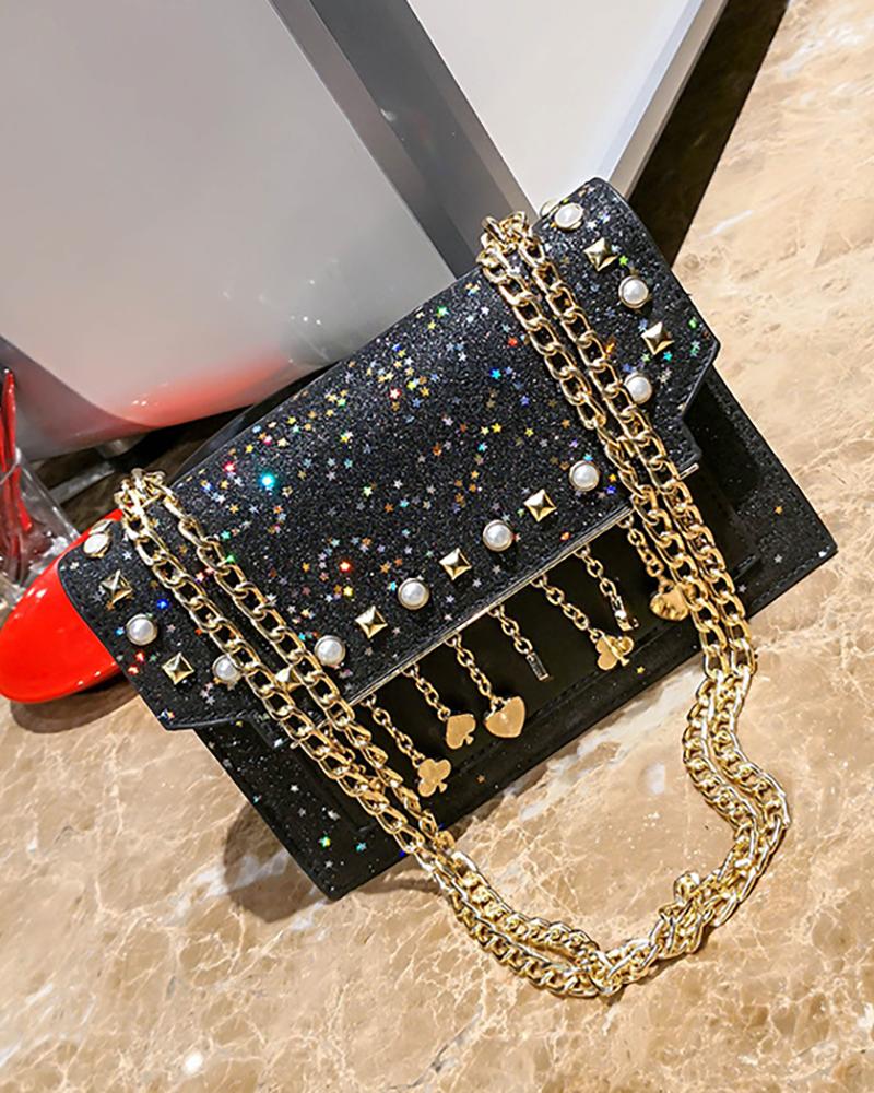 

Tassel Design Glitter Chain Shoulder Bag, Black
