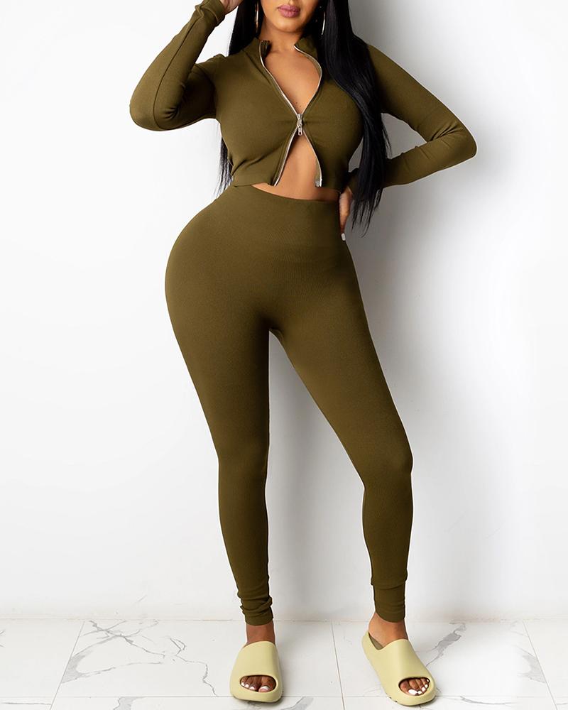 

Plain Zipper Design Top & Skinny Pants Set, Green