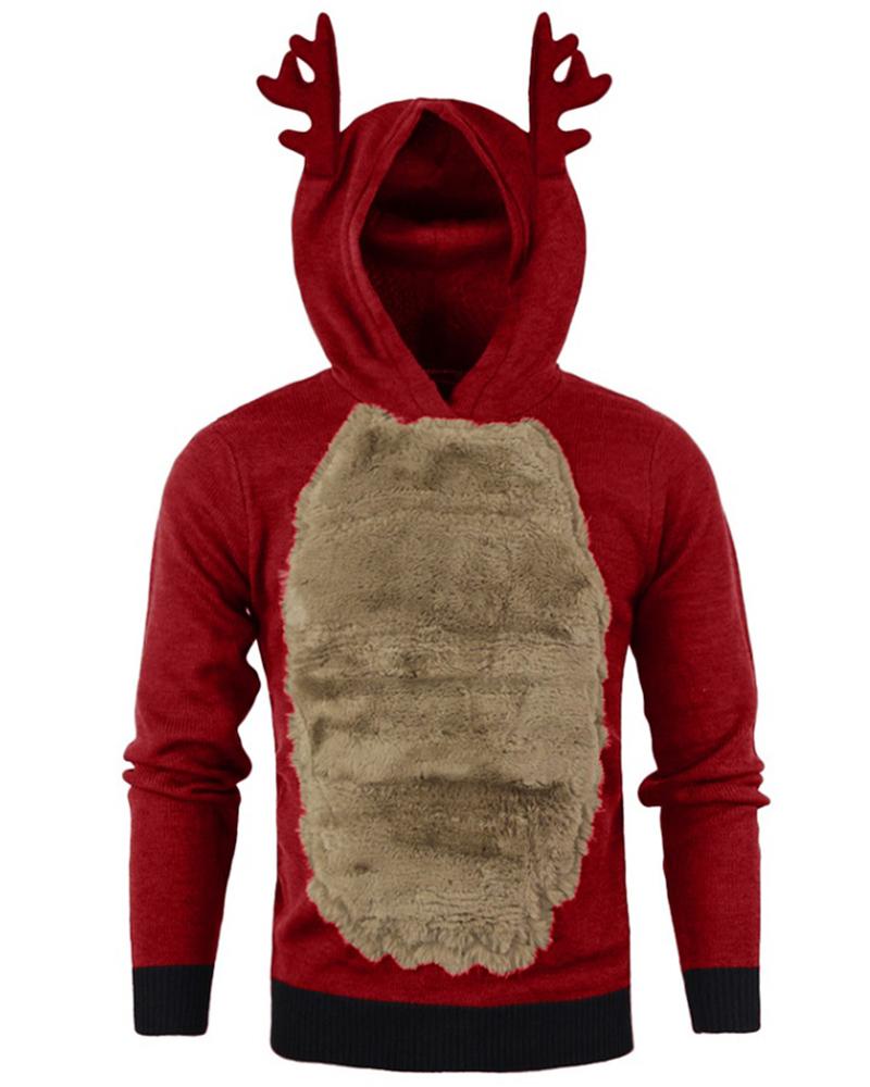 

Men Colorblock Ear Design Fluffy Hooded Top, Style9