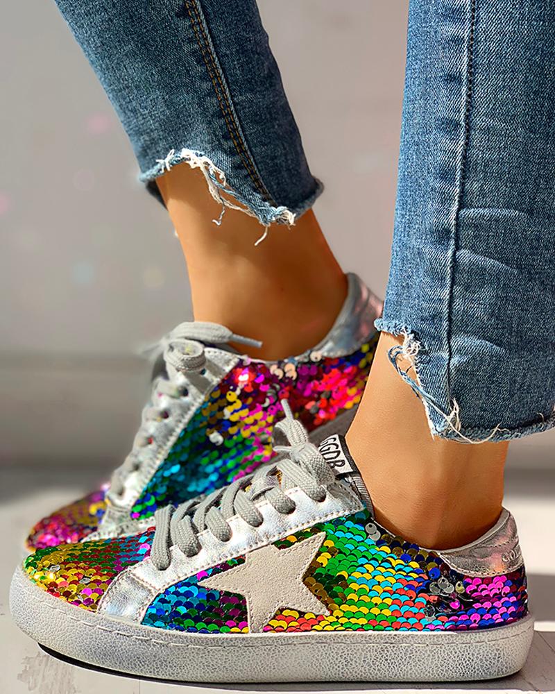 

Sequins Star Design Casual Lace-Up Sneakers, Silver