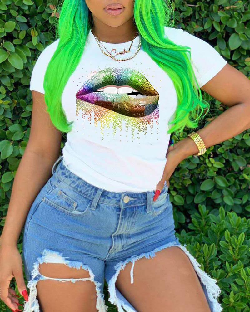 

Letter Lip Print Short Sleeve Casual T-Shirt, Multicolor