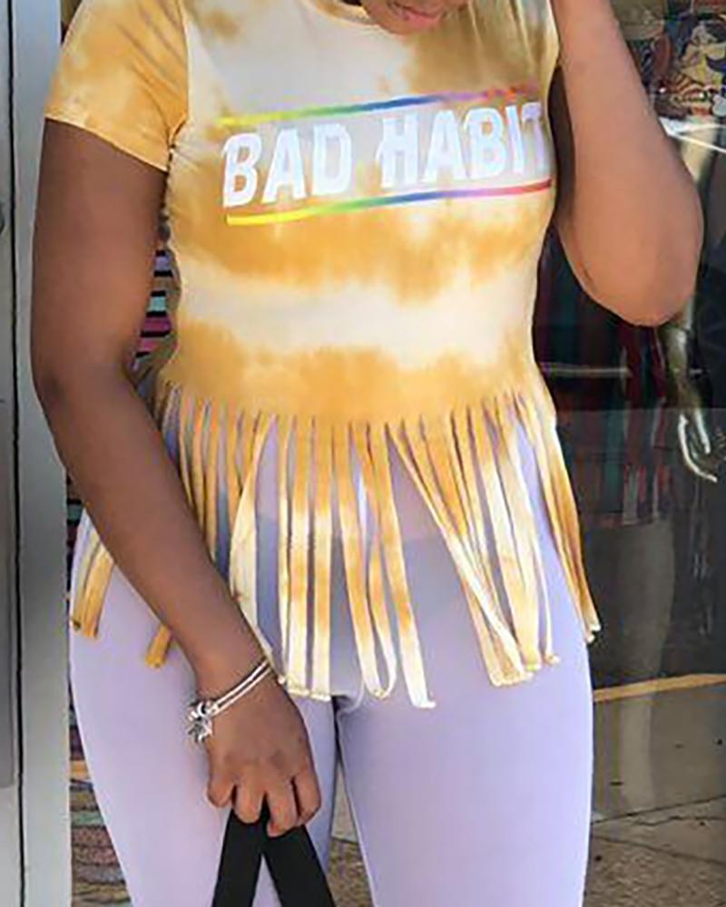 

Casual Short Sleeve Tassel Tops, Yellow