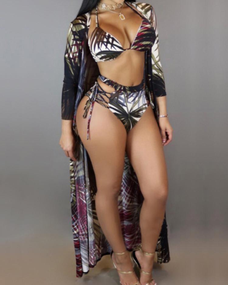 

3PCs Leaf Print Strappy Bikini Swimsuit With Cover Up, Green