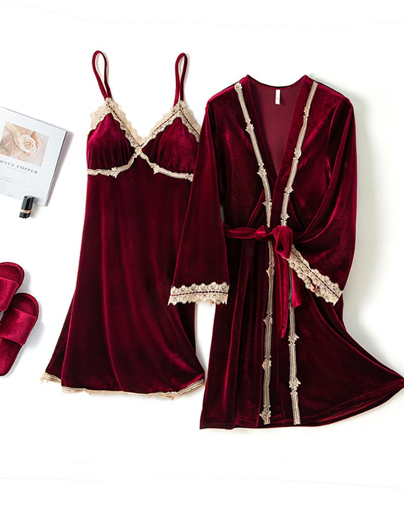 

Lace Trim Spaghetti Strap Nightgown & Robe Set, Wine red