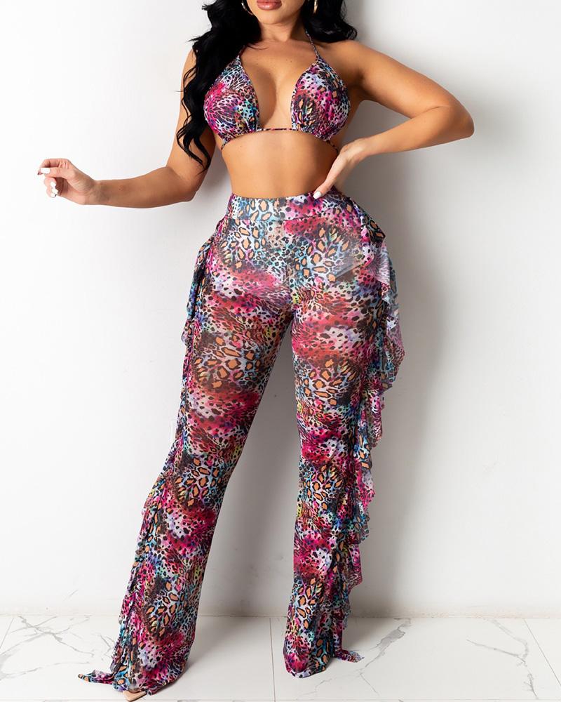 

Cheetah Print Halter Bikini Top & Ruffles Mesh Pants Set With Panty, Purple