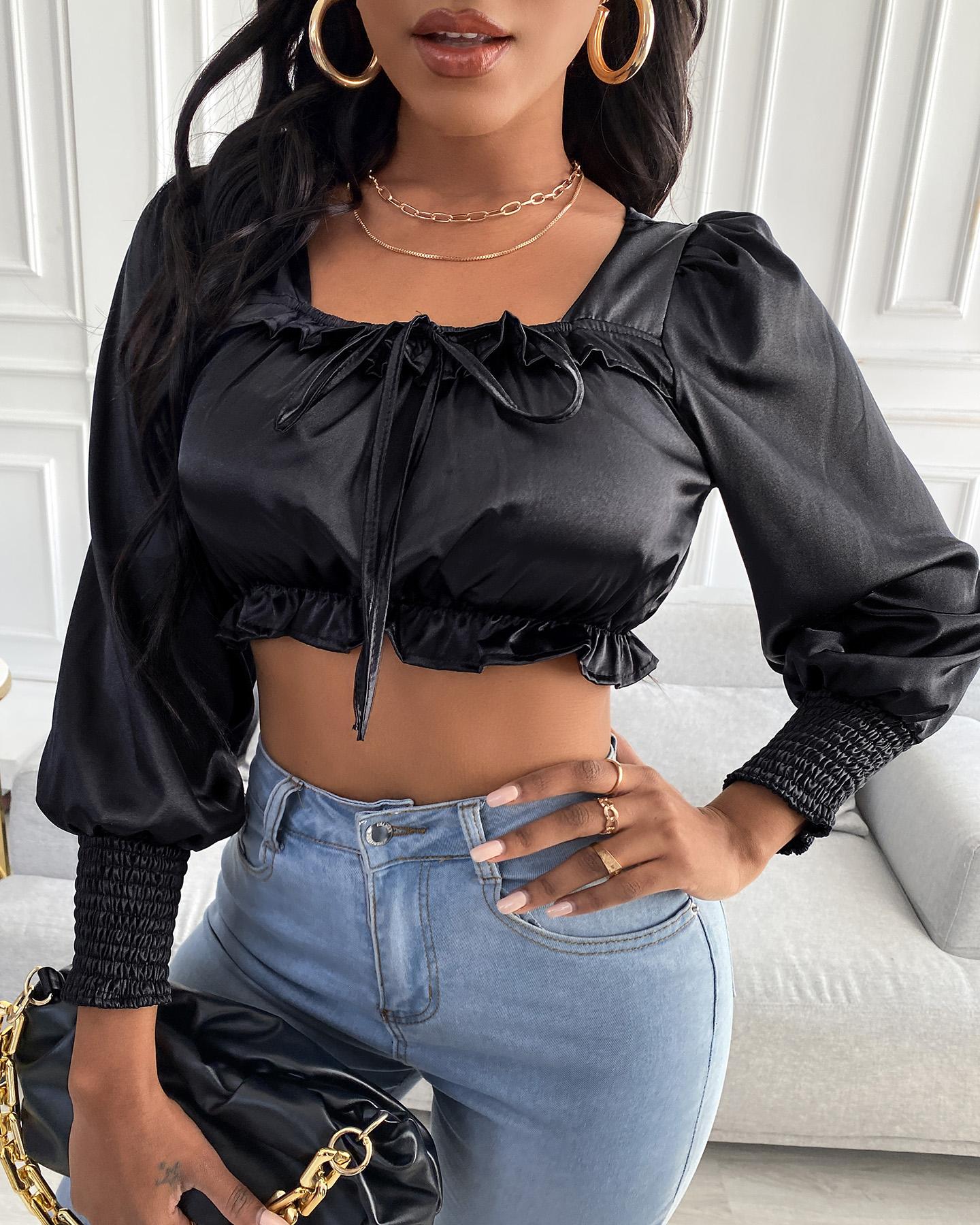 

Satin Puff Lantern Sleeve Frill Hem Crop Top, Black