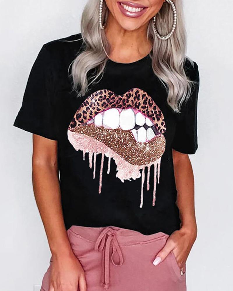

Leopard Lip Print Studded T-shirt, Black