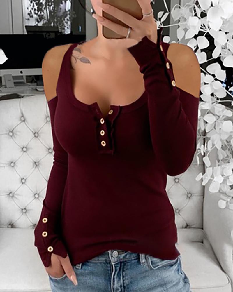 

Solid Cold Shoulder Buttoned Blouse, Wine red