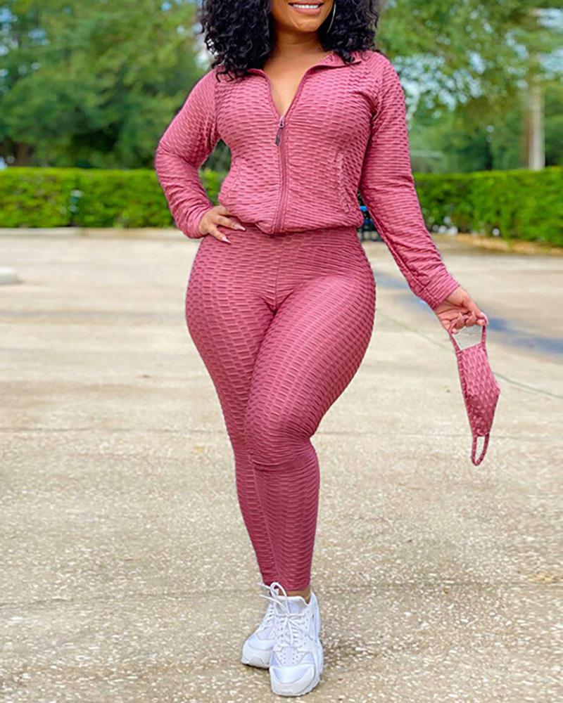 

Zipper Design Long Sleeve Top & High Waist Pants Set, Pink