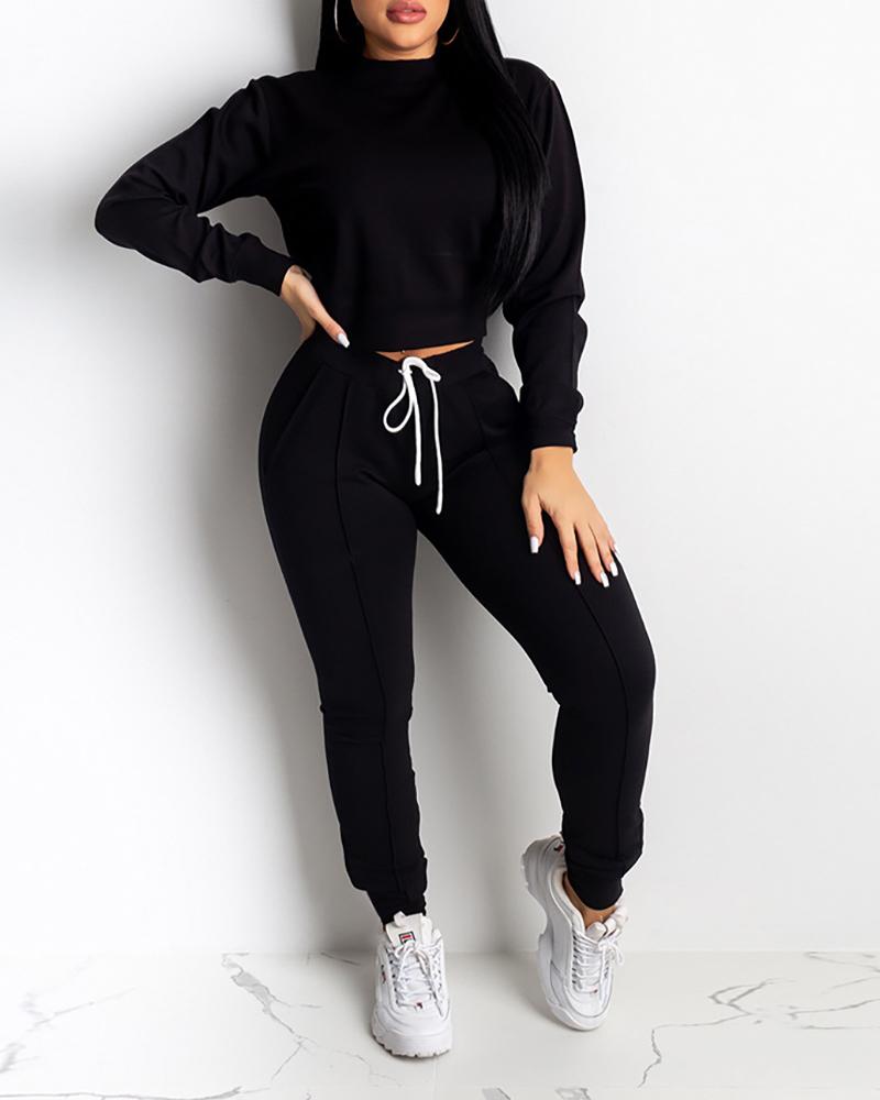 

Solid Long Sleeve Top & Drawstring Design Sporty Pants Sets, Black