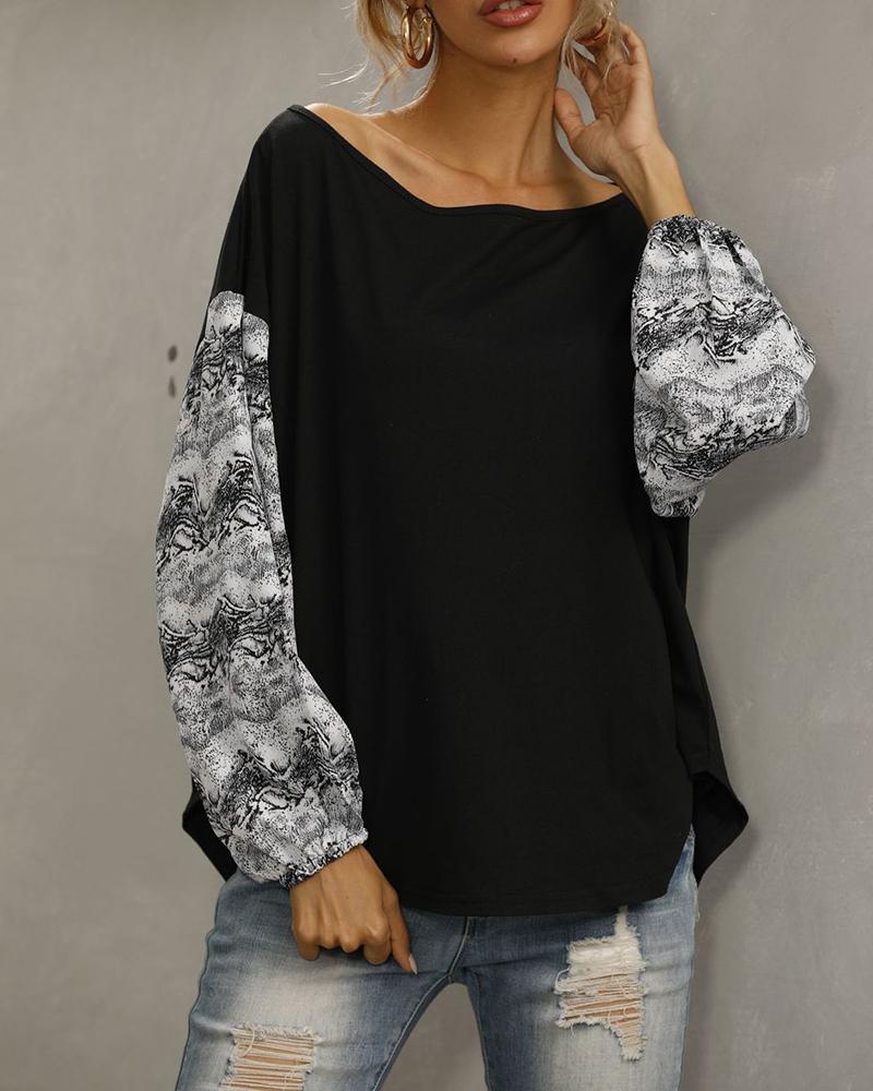 

Colorblock Lantern Sleeve Side Slit Top, Black
