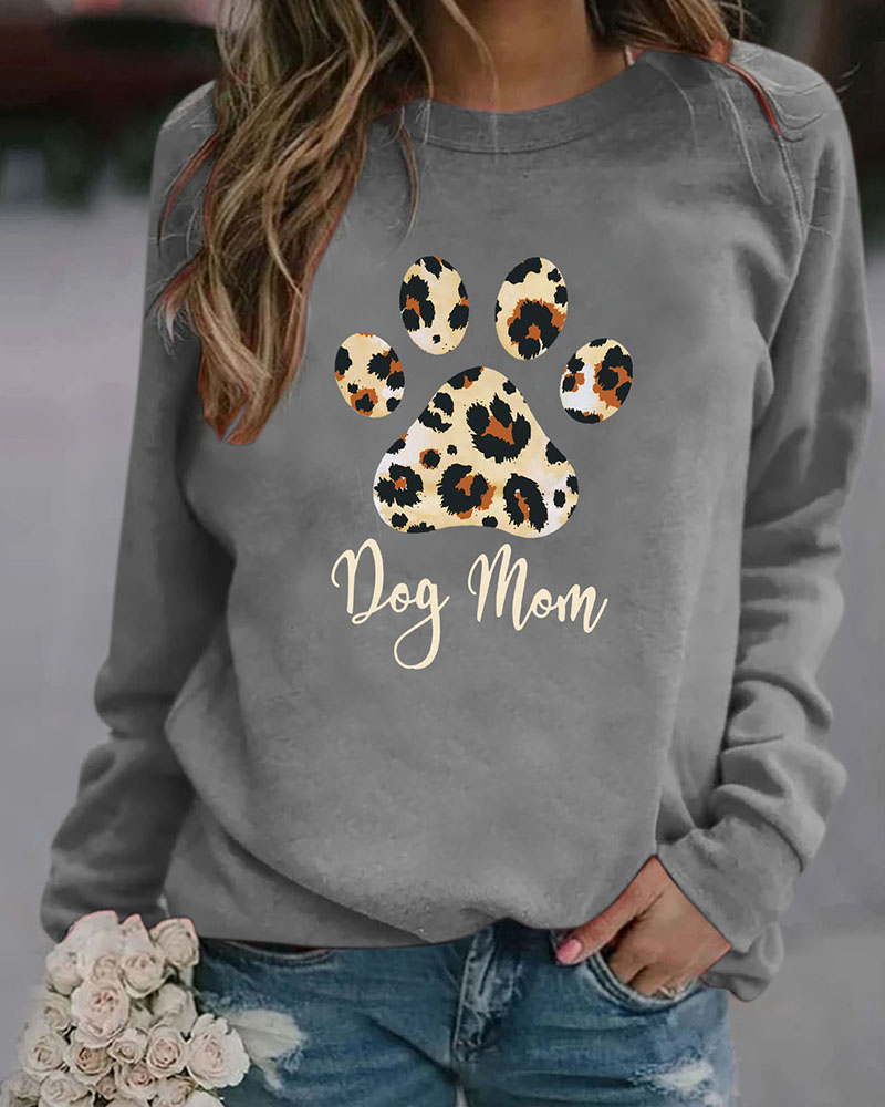 

Paw Leopard Letter Print Long Sleeve Casual Sweatshirt, Gray