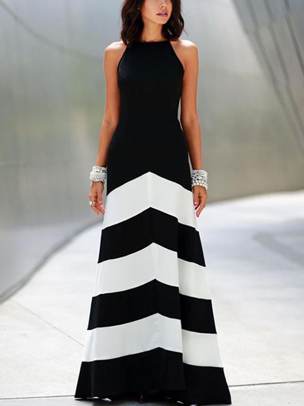 

High Waist Slim Fit Classic Stripe Chiffon Elegant Floor Length Dress Party Evening Holiday Beach /S, Black