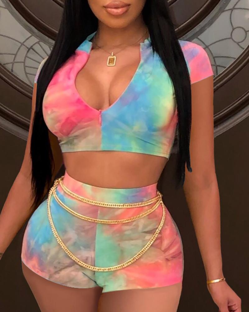 

Tie Dye Print Zipper Crop Women Top & Short Sets, Multicolor