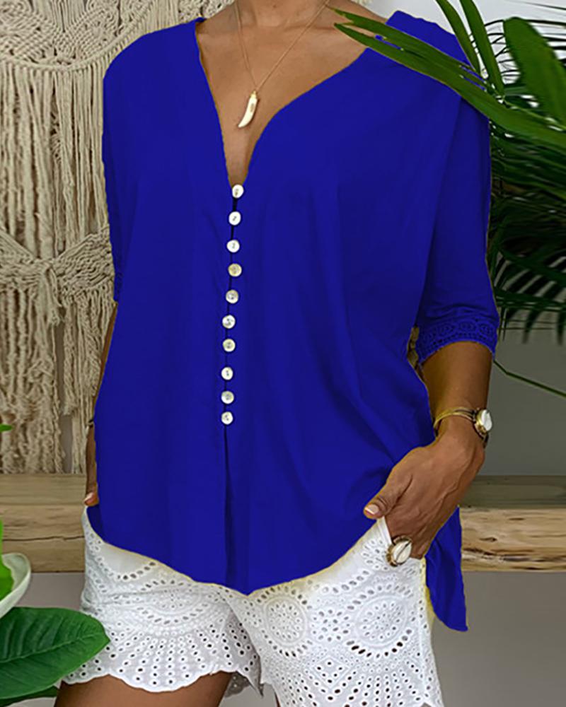 

Button Front Lace Trim Casual Top, Dark blue