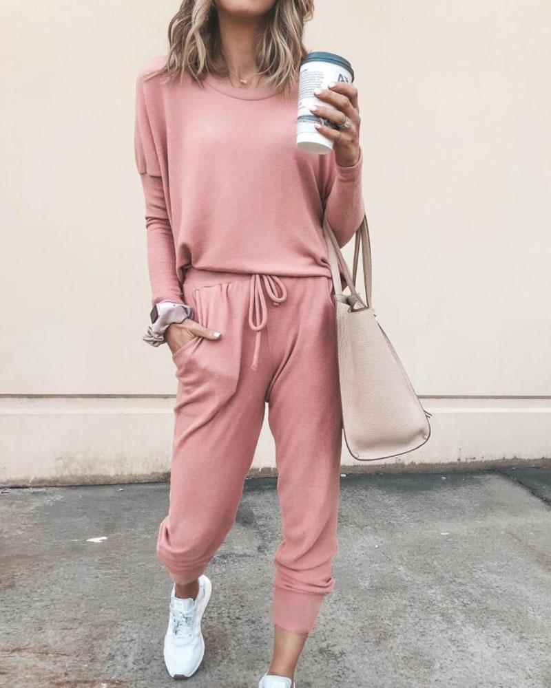 

Solid Long Sleeve Top & Drawstring Casual Pants Set, Pink