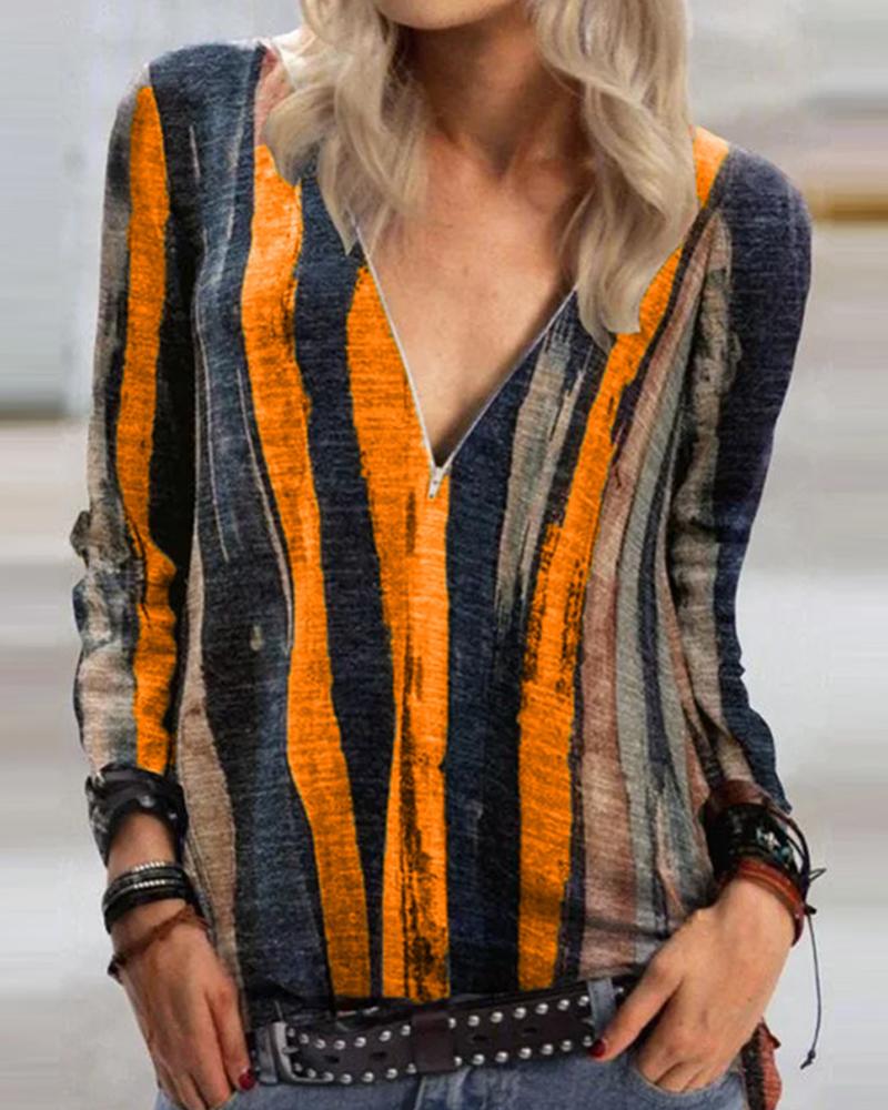 

Stiped Long Sleeve Loose Zipper Blosue, Orange