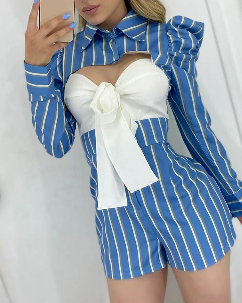 

Striped Print Colorblock Knotted Design Puffed Sleeve Romper, Blue