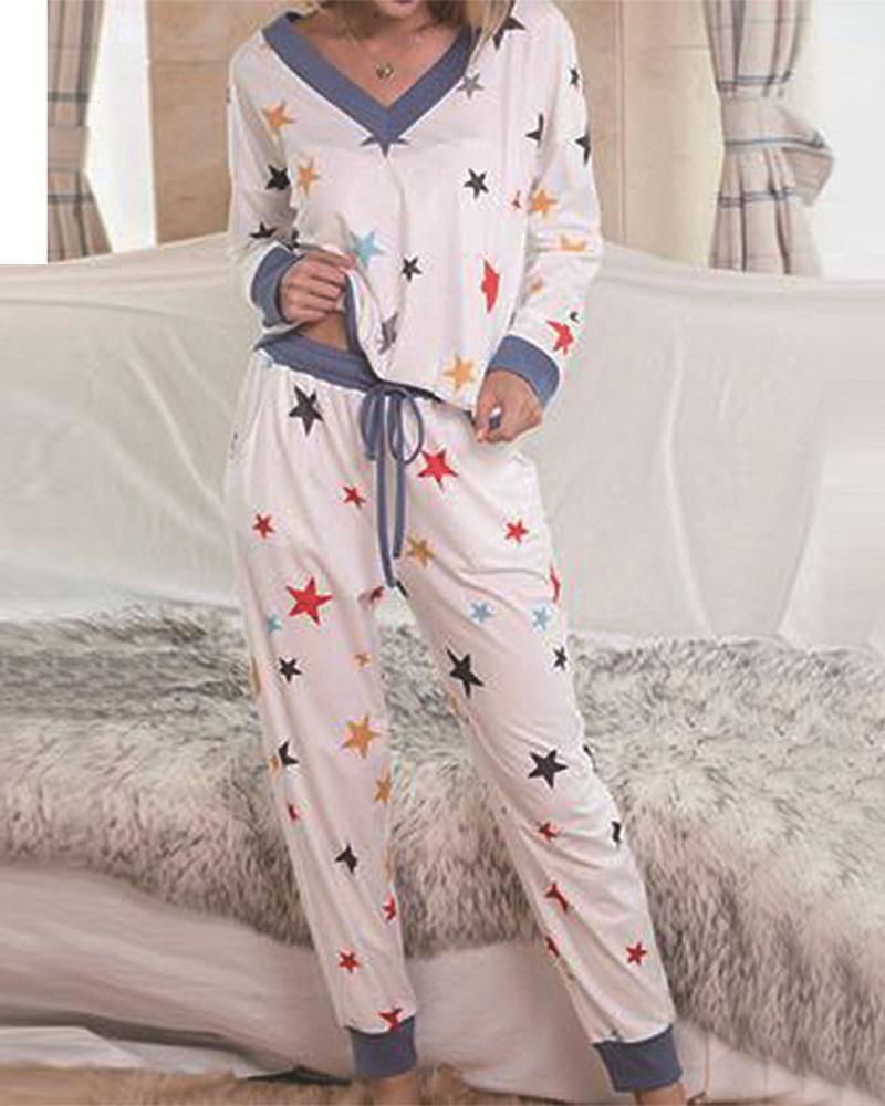 

Star Print Long Sleeve Drawstring Pajama Set, White