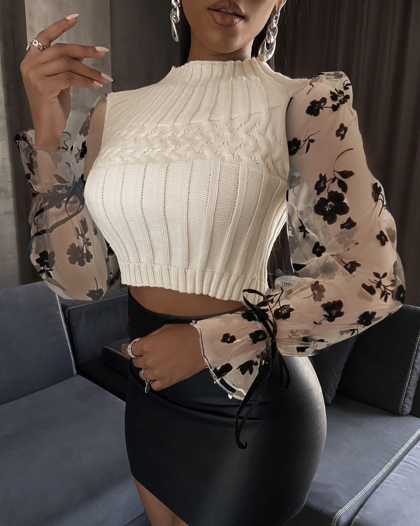 

Puff Sleeve Floral Embroidery Knit Top, Beige