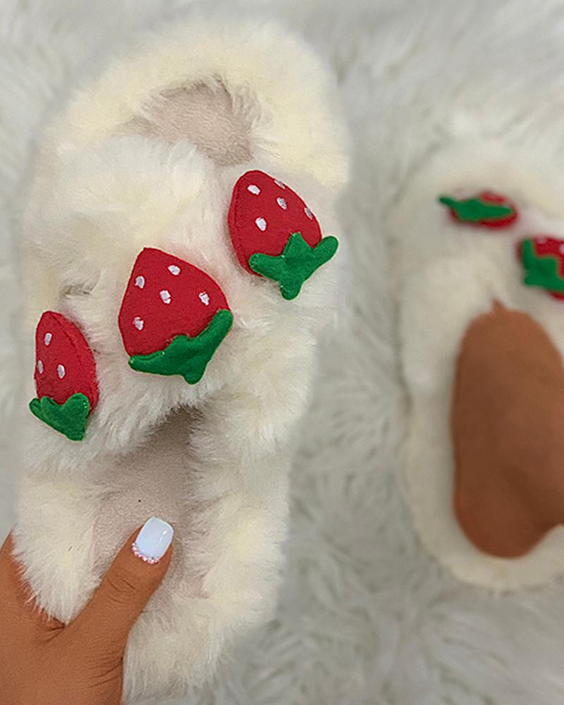 

Strawberry Pattern Crisscross Fluffy Slippers, Beige