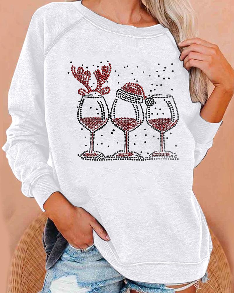 

Christmas Studded Wine Glass Pattern Sweatshirt, White