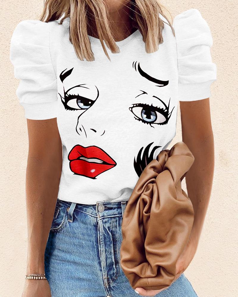 

Figure Print Puffed Sleeve Short Sleeve T-shirt, White