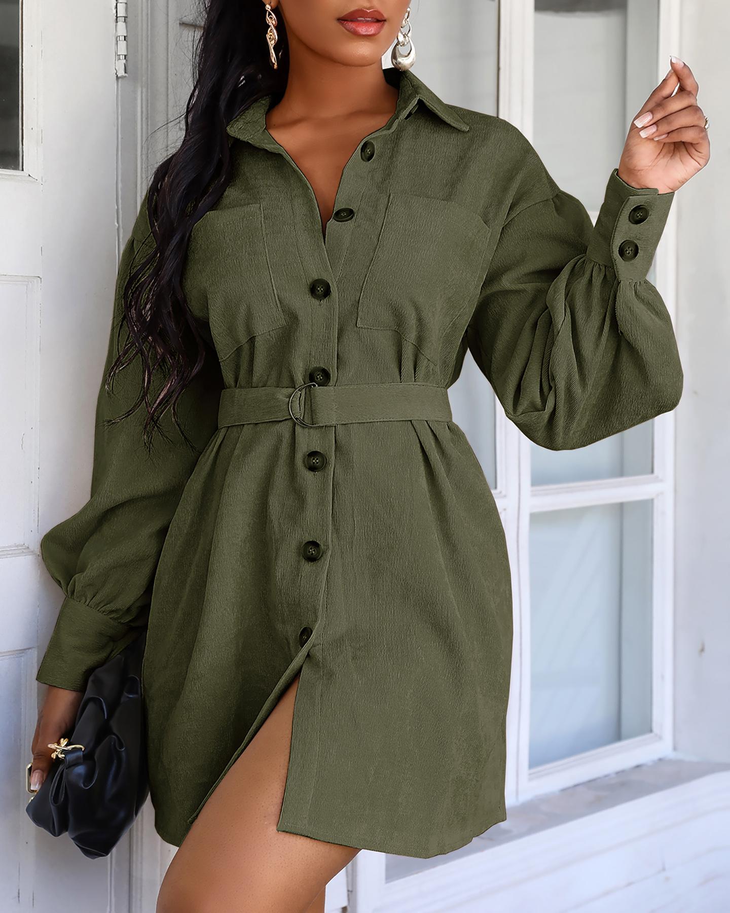 

Corduroy Button Design Shirt Dress, Green