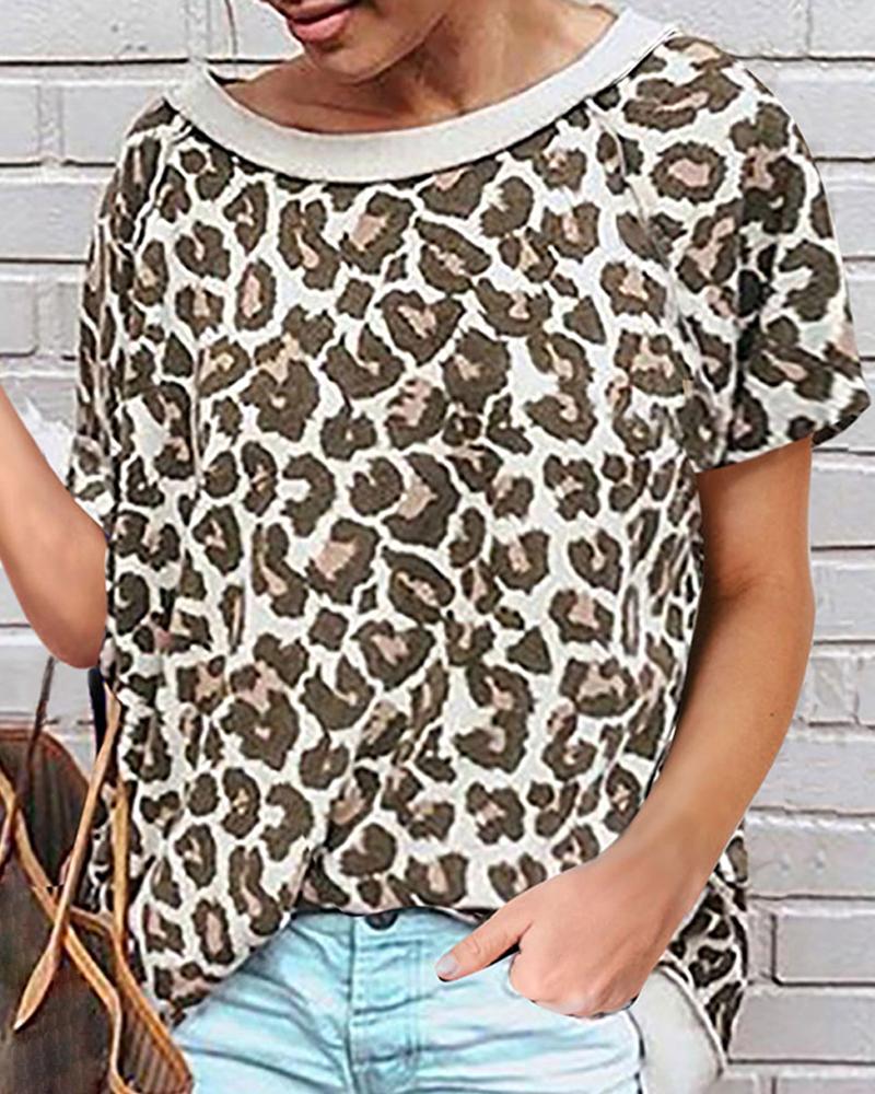 

Round-neck Print Short Sleeve T-shirt, Green