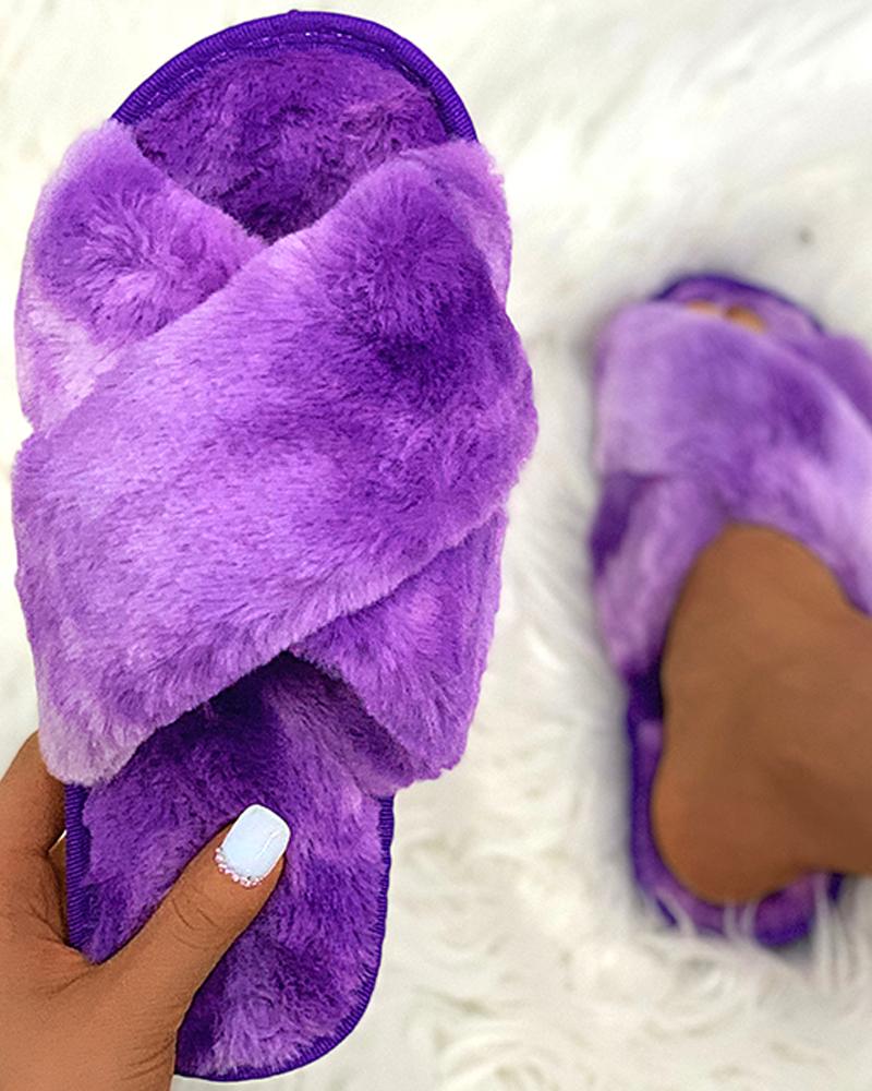 

Plain / Colorblock Bandage Fluffy Slippers, Purple