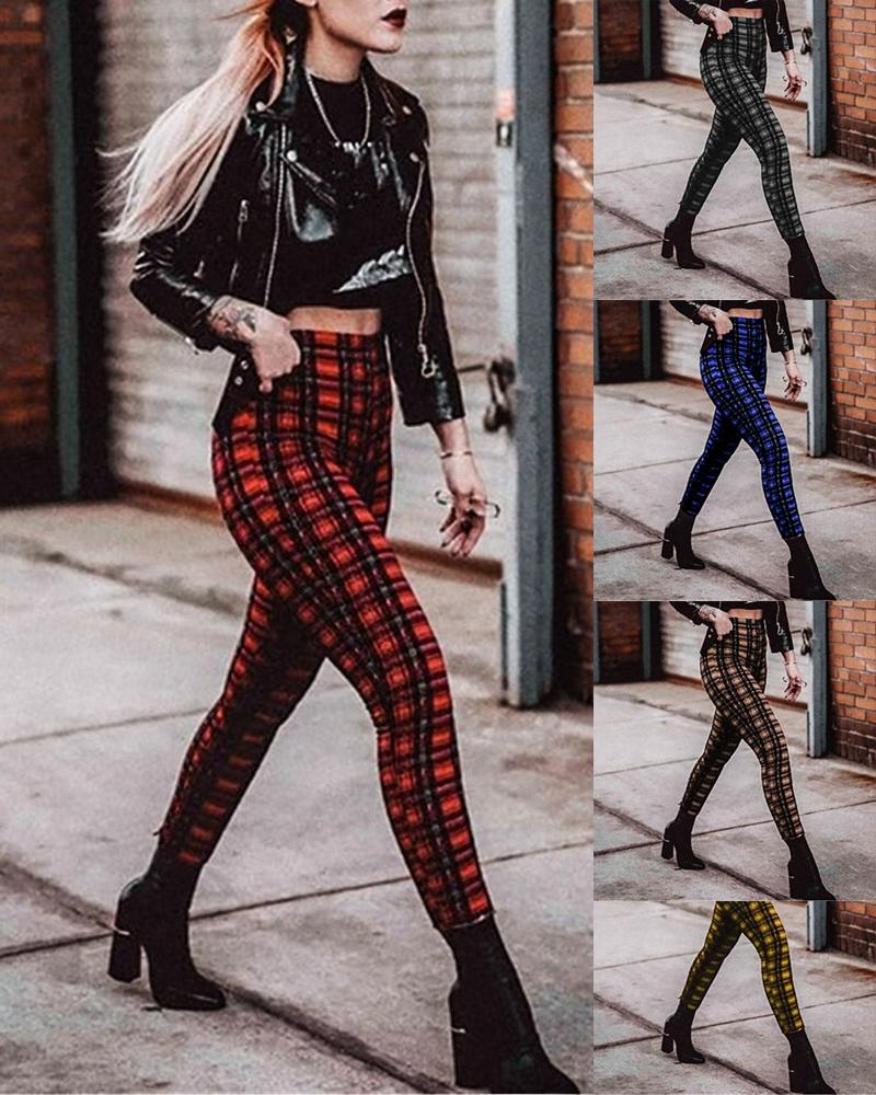 

High Waist Plaid Print Skinny Pants, Wine red