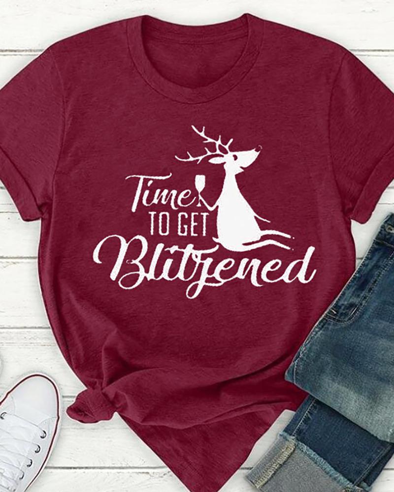 

Christmas Letter Print Short Sleeve Casual T-Shirt, Wine red
