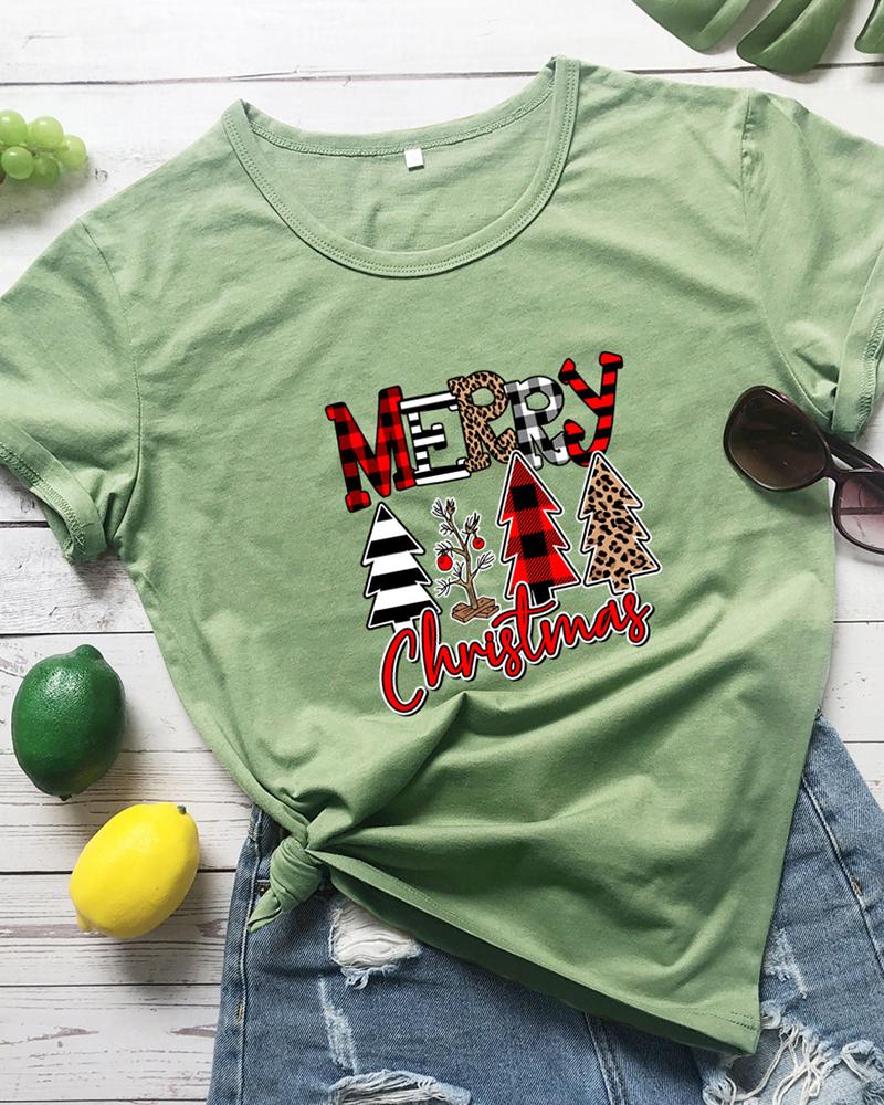 

Christmas Print Short Sleeve Casual T-Shirt, Green