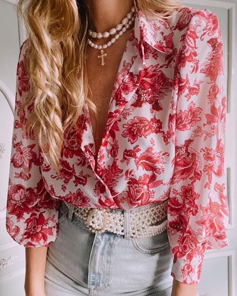 

All Over Print Deep V Neck Turn-down Collar Long Sleeve Shirt, Red