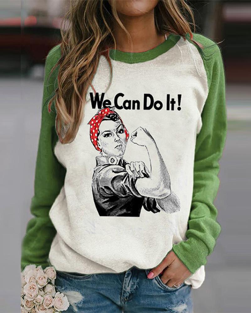 

Color Block Cartoon Print Long Sleeve Sweatshirt, Green