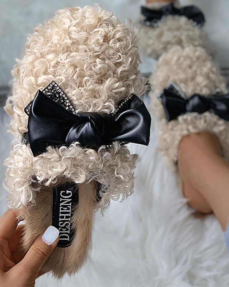 

Bowknot Design Fluffy Slipper, Khaki