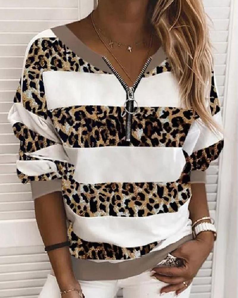 

Striped Splicing Leopard Print Long Sleeve Blouse, Brown