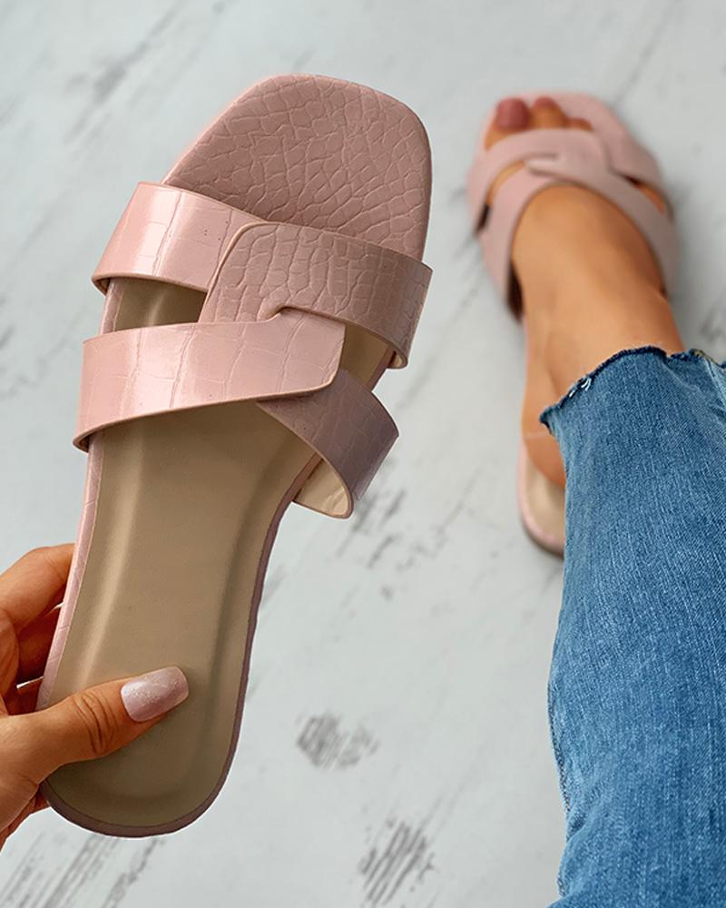 

Crocodile Pattern Twisted Cutout Flat Slider Sandals, Pink